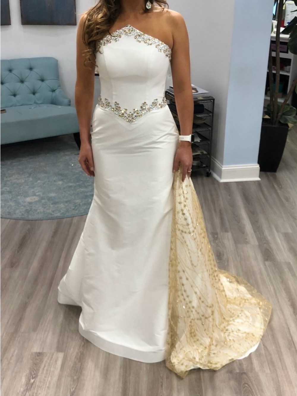 Strapless White Prom Dress with Gold Embellished Trim
